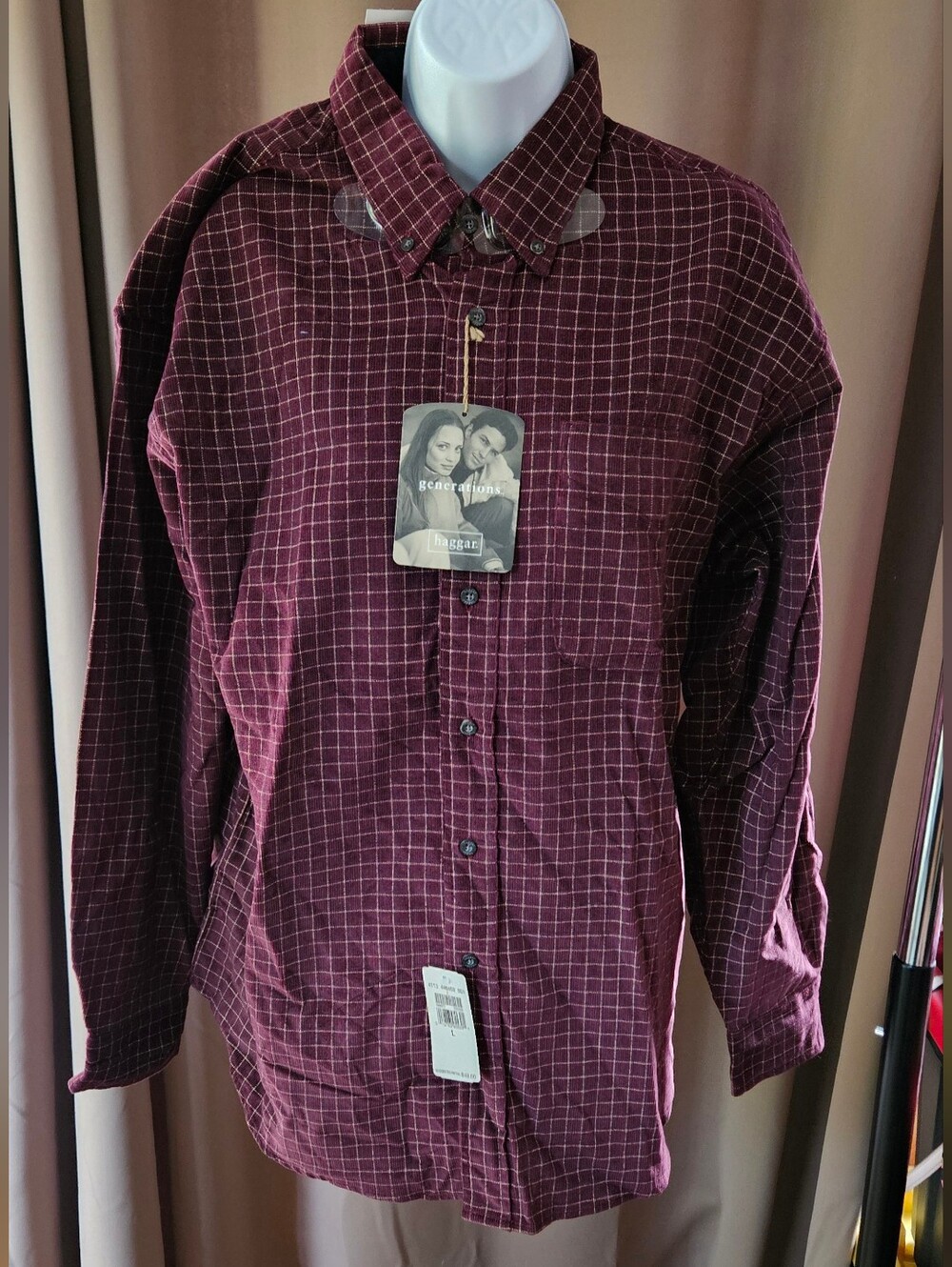 NWT Haggar Generations Corduroy Shirt Mens L Burgundy Grid Check Plaid Vtg 1999